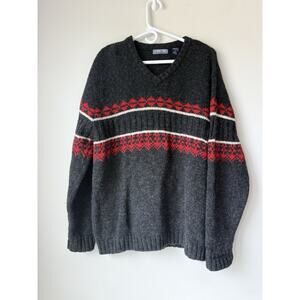 VINTAGE Structure Sweater Men Large Gray Red 100% Wool Nordic Grandpa